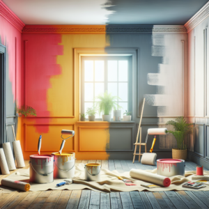 A room painted with many colours tested with a paint roller to try them out